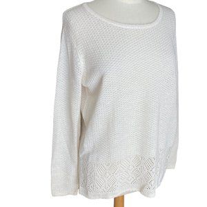Ballinger Gold Linen Blend Knit Crochet Sweater Ivory Coastal Grandmother-L
